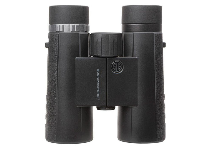 Chattanooga Sig Buckmasters 10x42mm binoculars with adjustable eyepieces and durable black body for outdoor wildlife viewing.