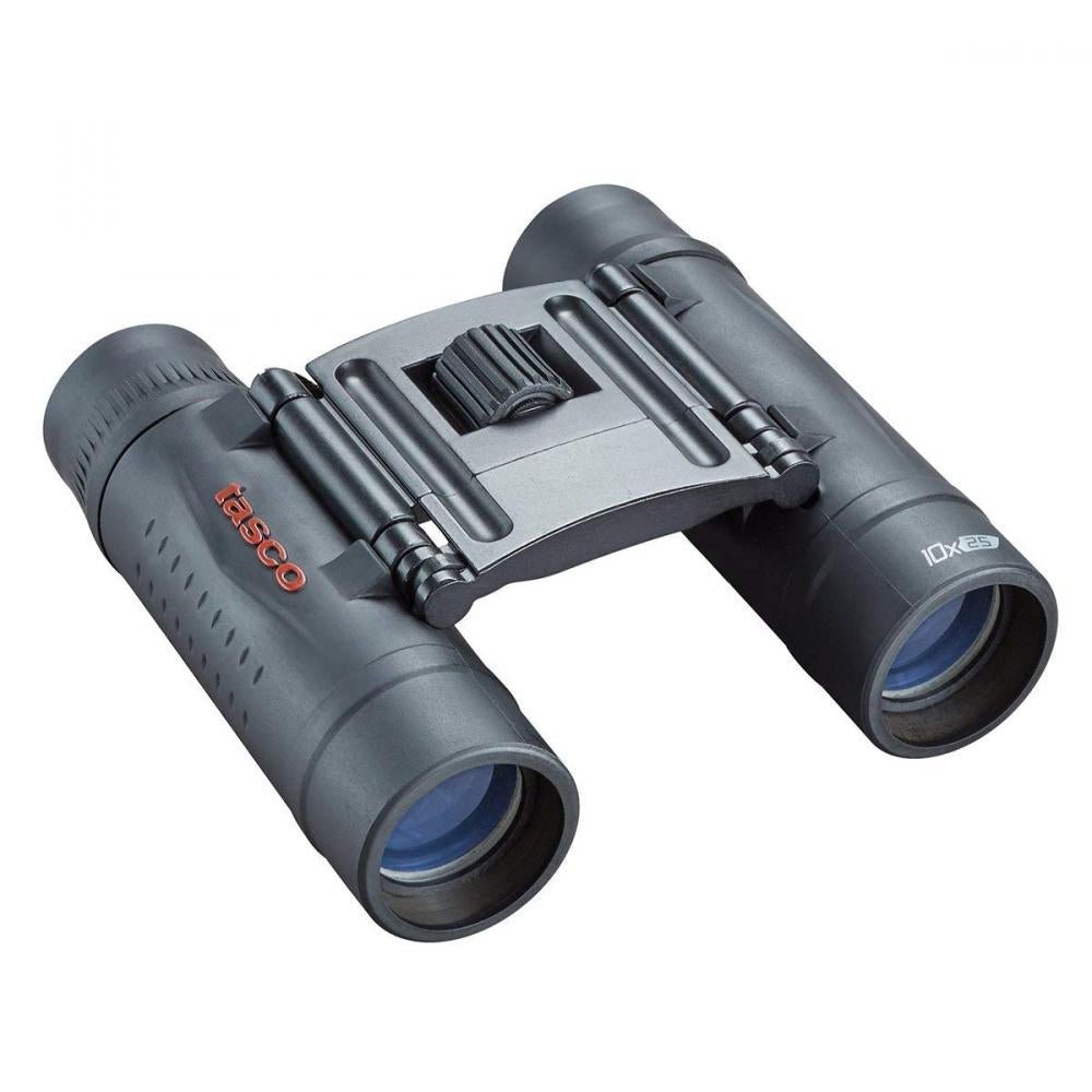 Chattanooga Tasco Essentials 10x25mm roof binoculars in black with compact design, ideal for travel and outdoor use