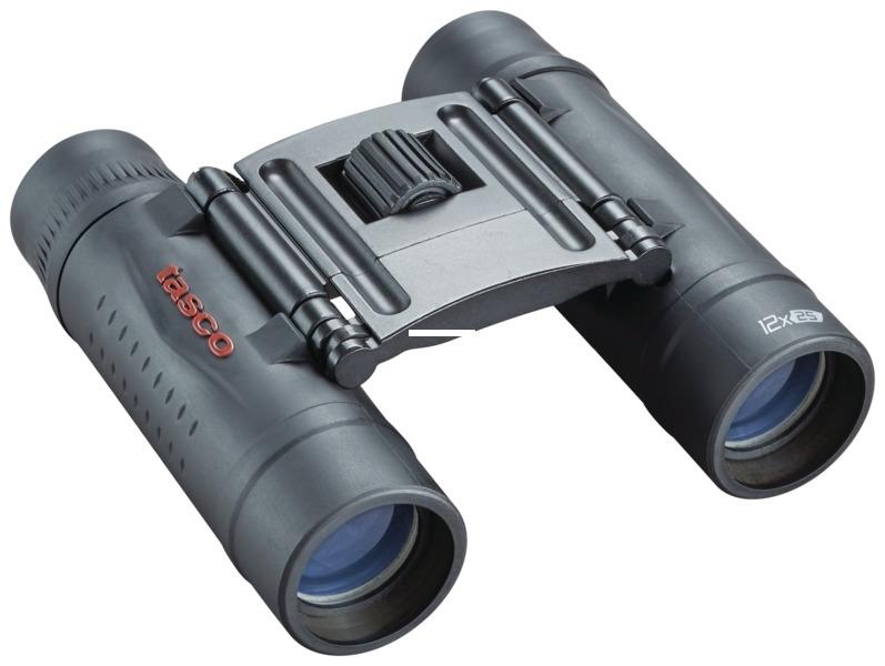 Chattanooga Tasco Essentials 12x25mm black compact roof binoculars with black case, lightweight travel design, and ergonomic grip