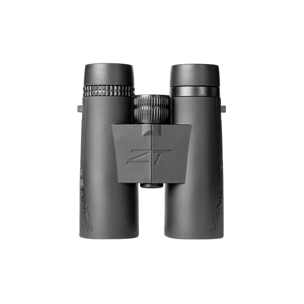 Chattanooga ZeroTech Vengance ED 8x42 black binoculars for outdoor birdwatching and travel, showing the compact design and lenses.