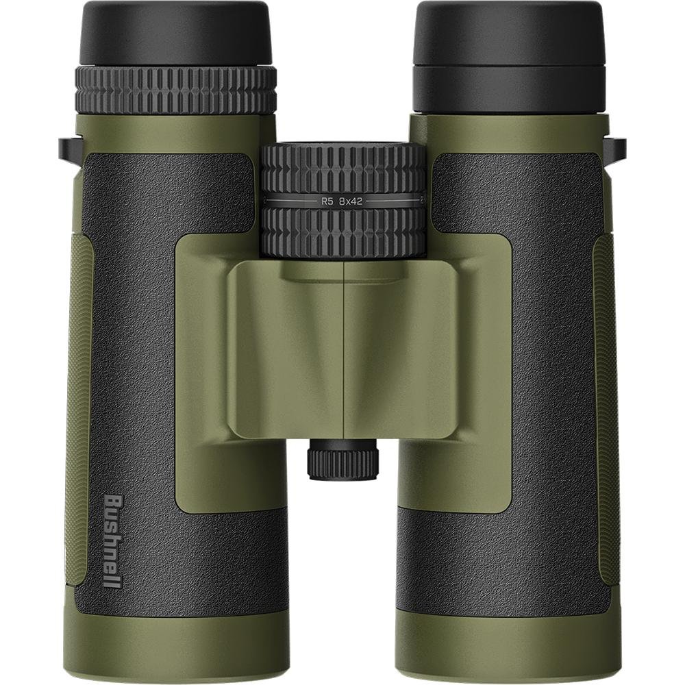 Chattanooga 8x42 Trophy R5 Ranger Green Roof Binoculars with Exo Dielectric FMC coating, showcasing the binoculars with green rubber armor