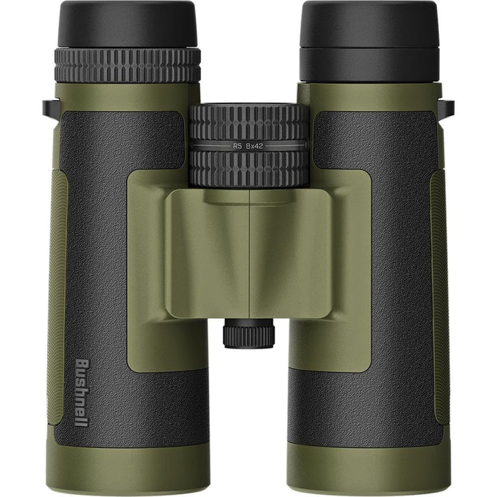 Chattanooga 8x42 Trophy R5 Ranger Green Roof Binoculars with Exo Dielectric FMC coating, showcasing the binoculars with green rubber armor