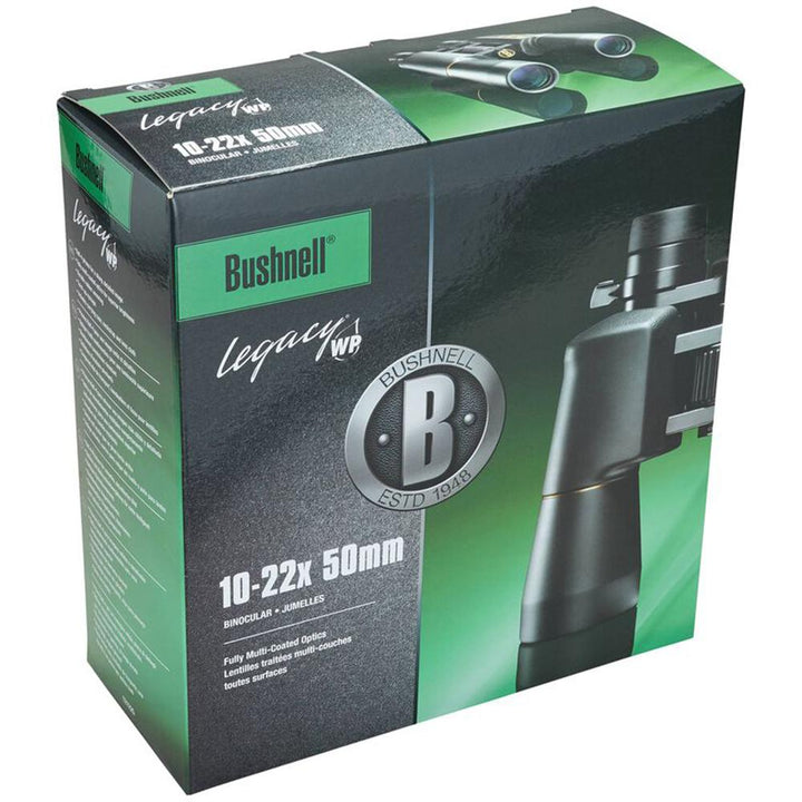 Chattanooga Bushnell 10-22x50mm black Porro prism water-resistant zoom binoculars showing close-up of eyepiece and lens