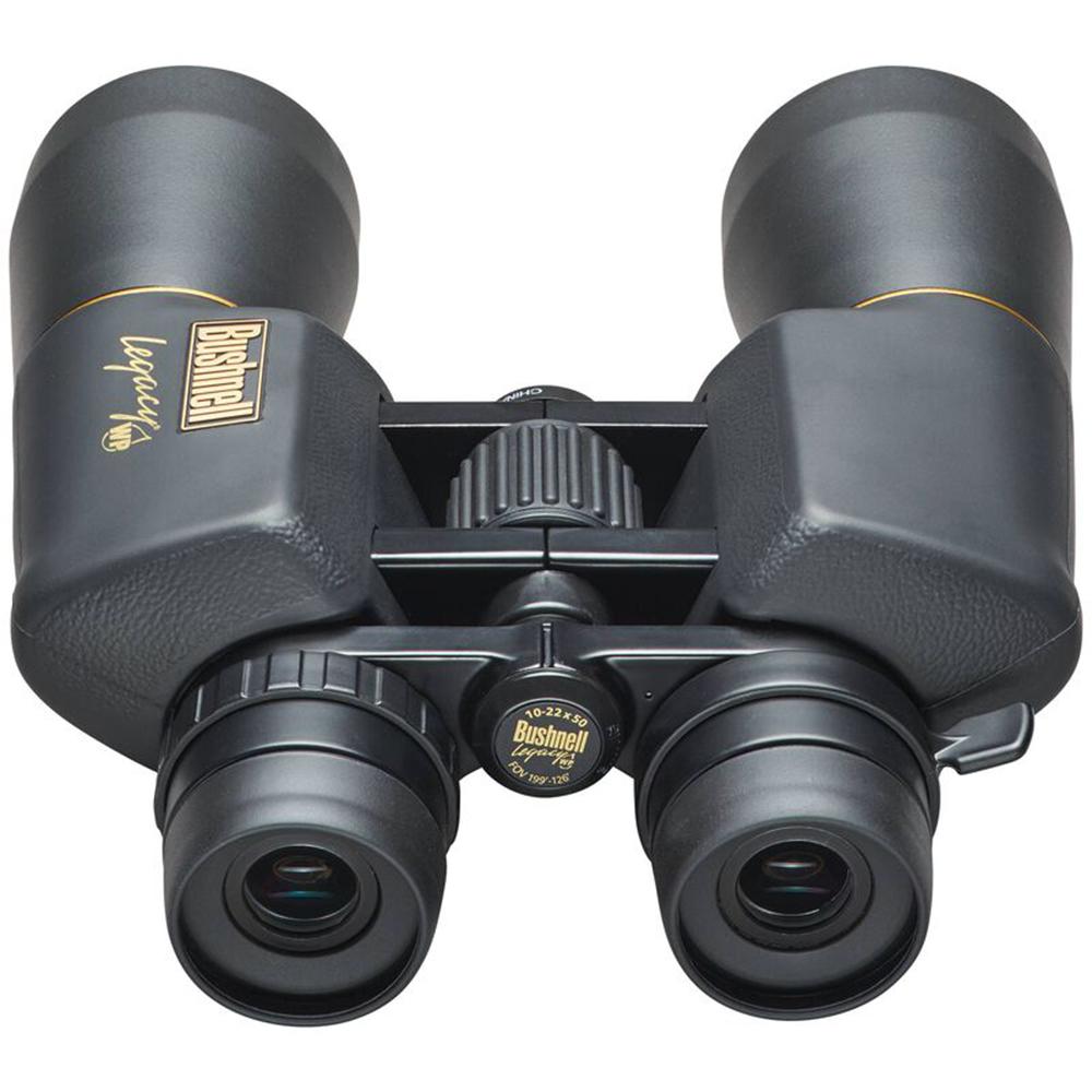 Chattanooga Bushnell 10-22x50mm black Porro prism water-resistant zoom binoculars showing the lens and textured grip