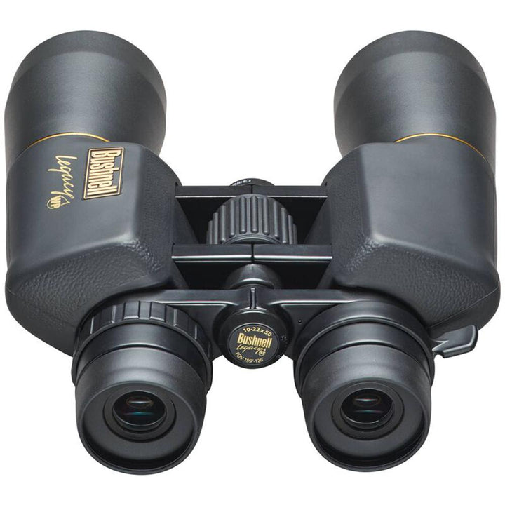 Chattanooga Bushnell 10-22x50mm black Porro prism water-resistant zoom binoculars showing the lens and textured grip