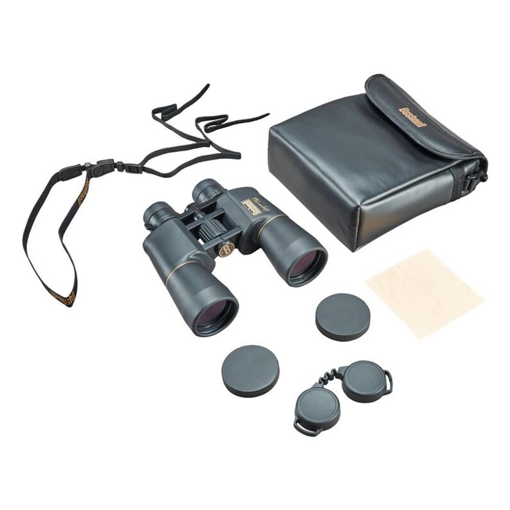 Chattanooga Bushnell 10-22x50mm black Porro prism water-resistant zoom binoculars showing eyepiece and objective lenses.