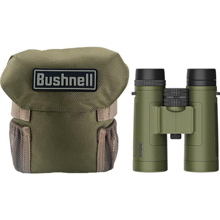 Chattanooga Bushnell Banner R3 8x42 binoculars in ranger green with waterproof optics and carrying case on white background.