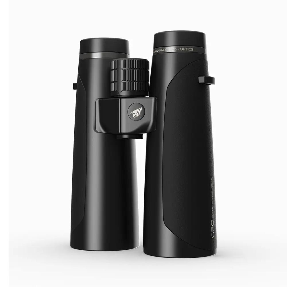 German Precision Optics PASSION 15x50HD binoculars in charcoal black with adapter, featuring large lenses and ergonomic design.