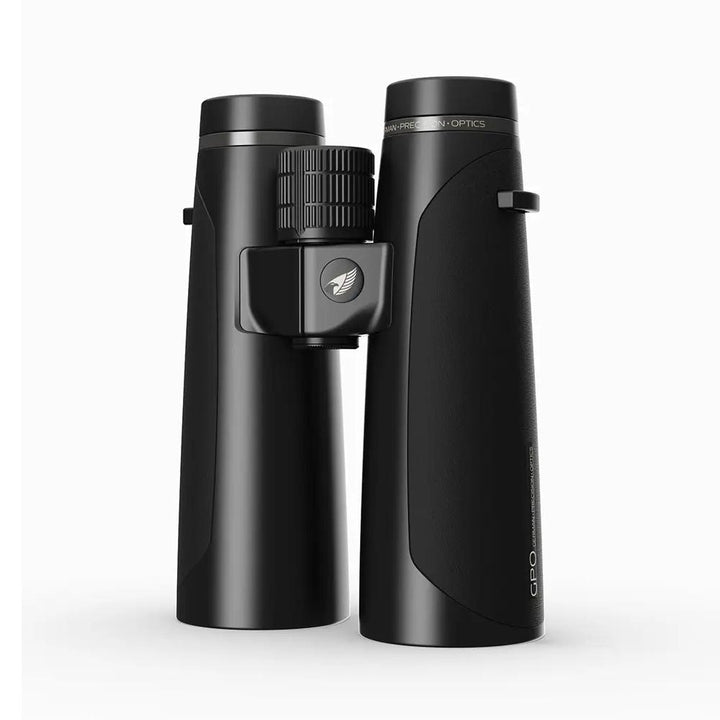 German Precision Optics PASSION 15x50HD binoculars in charcoal black with adapter, featuring large lenses and ergonomic design.