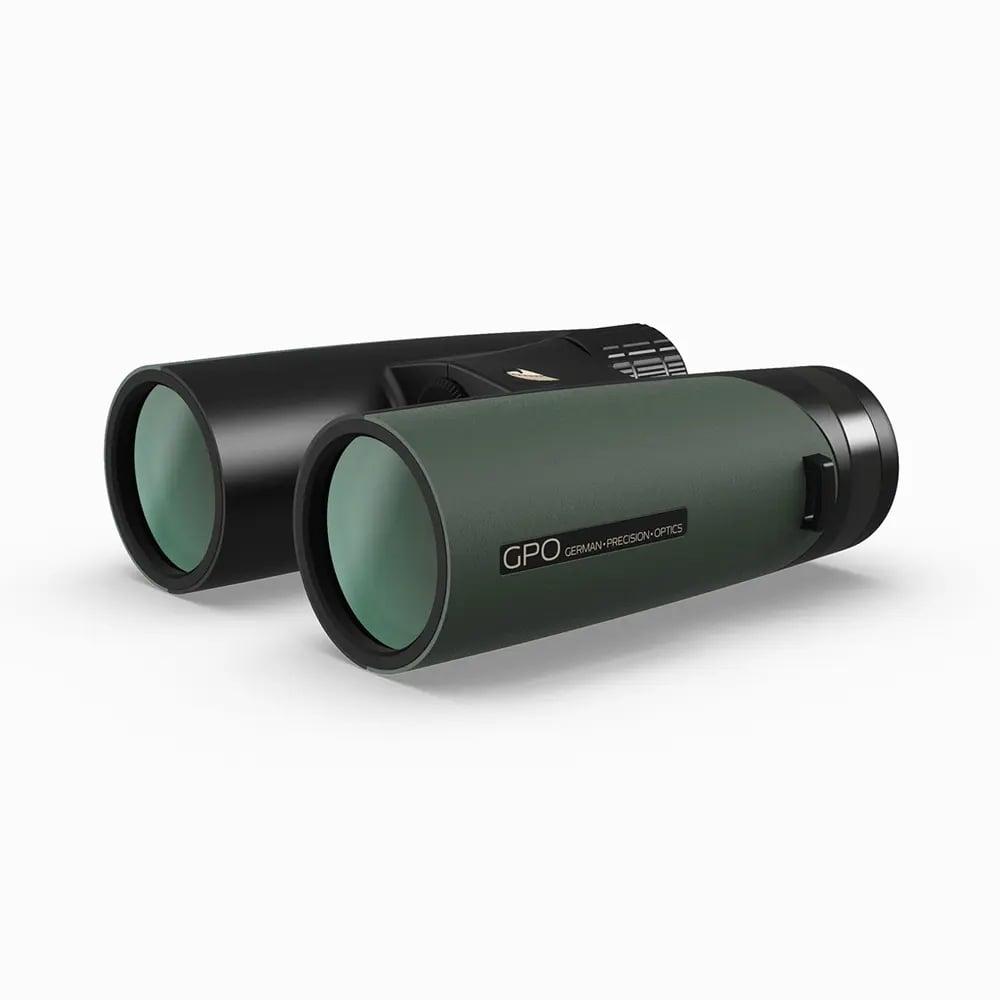 German Precision Optics Passion ED Binoculars 10x42 in deep green, showing the sleek body and objective lenses.