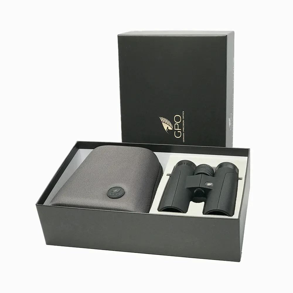 German Precision Optics Passion ED binoculars 8x42 in charcoal black, showcasing the sleek design and durable build.