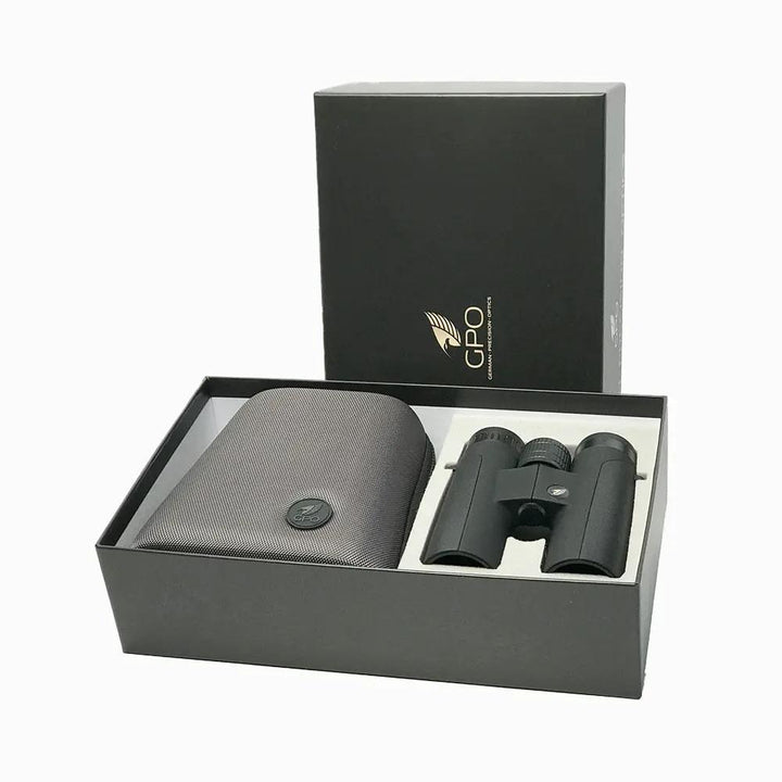 German Precision Optics Passion ED binoculars 8x42 in charcoal black, showcasing the sleek design and durable build.