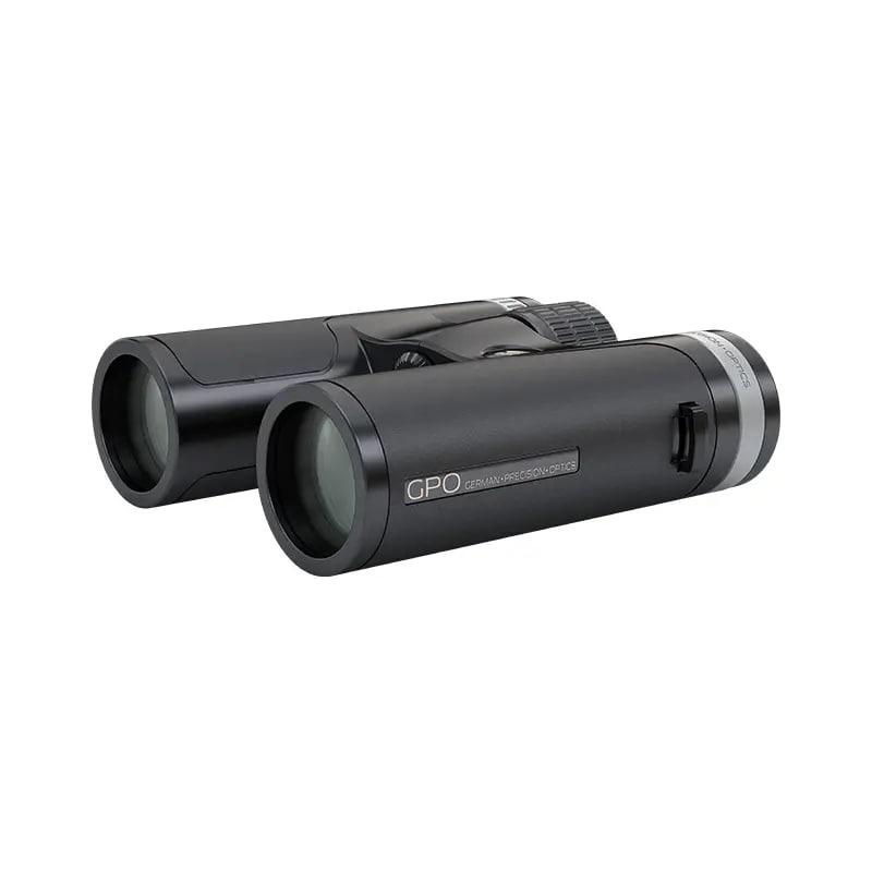 German Precision Optics Passion SD Binoculars 10x34 in black and silver, featuring a sleek two-tone design.