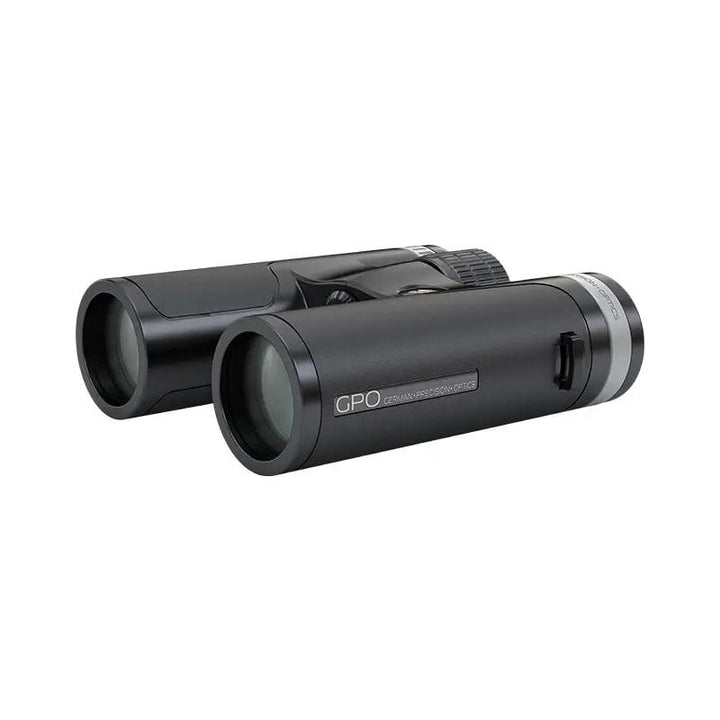 German Precision Optics Passion SD Binoculars 10x34 in black and silver, featuring a sleek two-tone design.