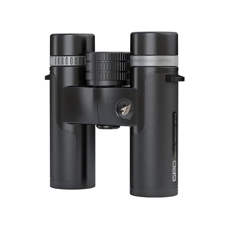 German Precision Optics Passion SD Binoculars 10x34 in black and silver, featuring a compact design and high-quality optics.