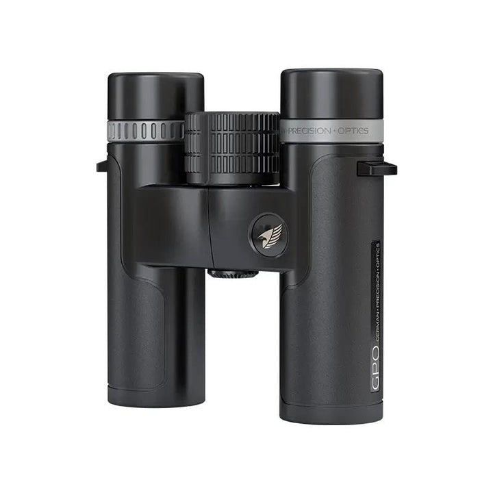 German Precision Optics Passion SD Binoculars 10x34 in black and silver, featuring a compact design and high-quality optics.