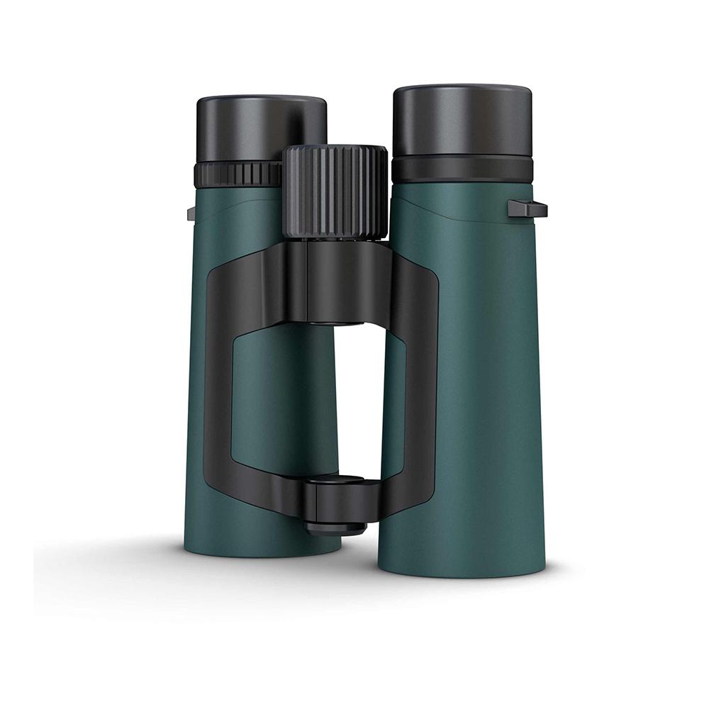 Chattanooga German Precision POLARIZ 10x42 binoculars in green-black with harness and TPD adapter, showing the binoculars with accessories.