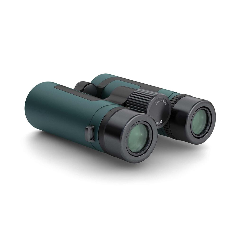 Chattanooga German Precision POLARIZ 10x42 binoculars in green-black with harness and TPD adapter, showing close-up of the product.