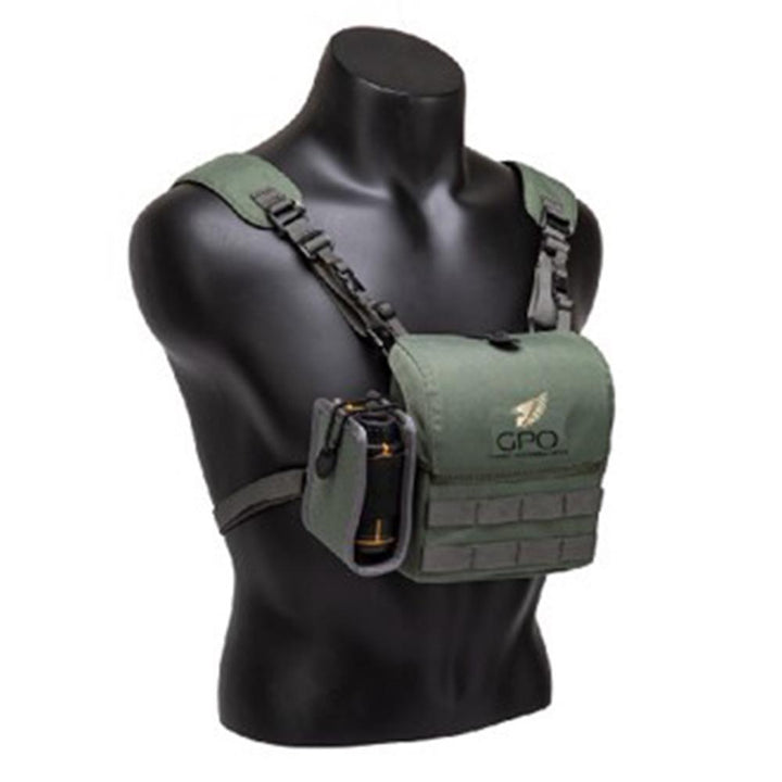 Chattanooga German Precision POLARIZ 10x42 binoculars with green-black finish, harness, and TPD adapter for outdoor wildlife viewing.