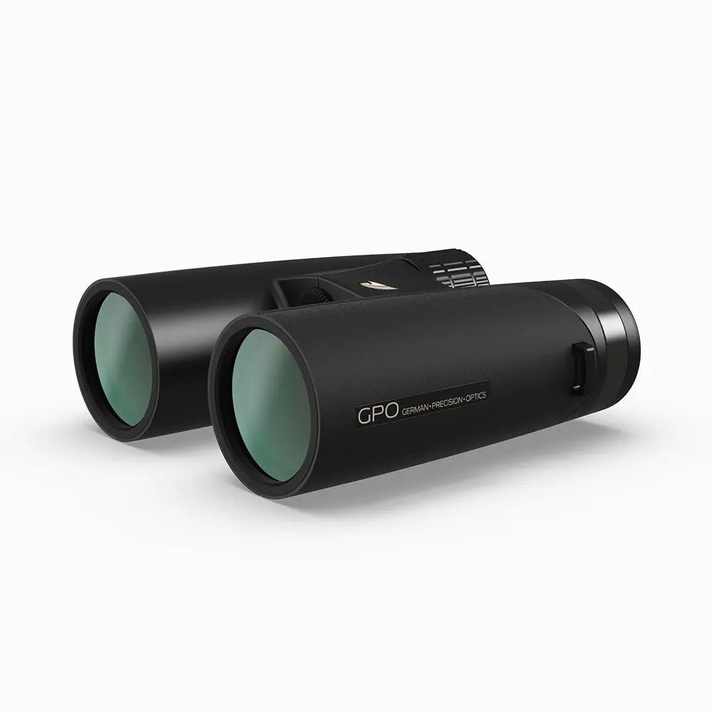 Chattanooga GPO Passion HD binoculars 10x42 ED in charcoal black with high clarity lenses and adapter for outdoor viewing.