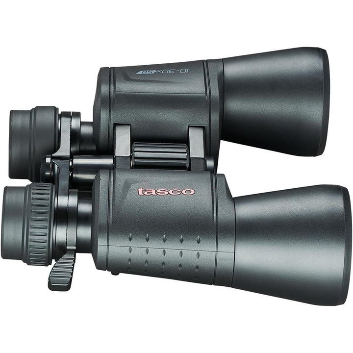 Chattanooga Tasco 10-30x50 black Porro MC zoom binoculars with a sturdy box, featuring large objective lenses and adjustable zoom.