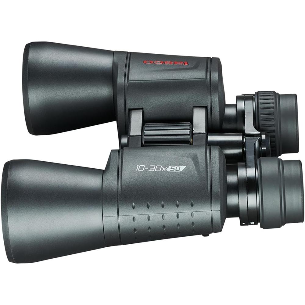 Chattanooga Tasco 10-30x50 black Porro MC zoom binoculars showing the compact design and adjustable zoom lens.