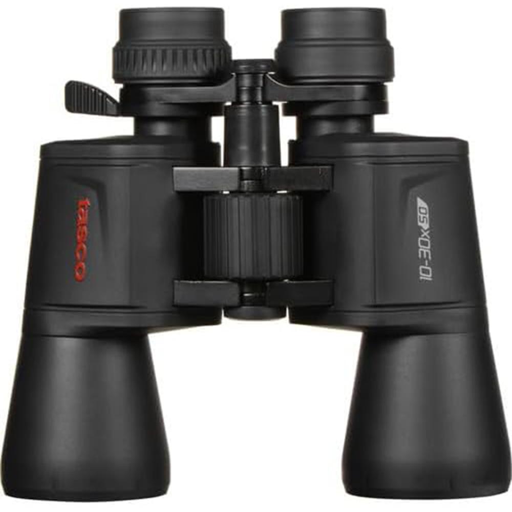 Chattanooga Tasco 10-30x50 black Porro MC zoom binoculars with adjustable eyepiece and sturdy box packaging.