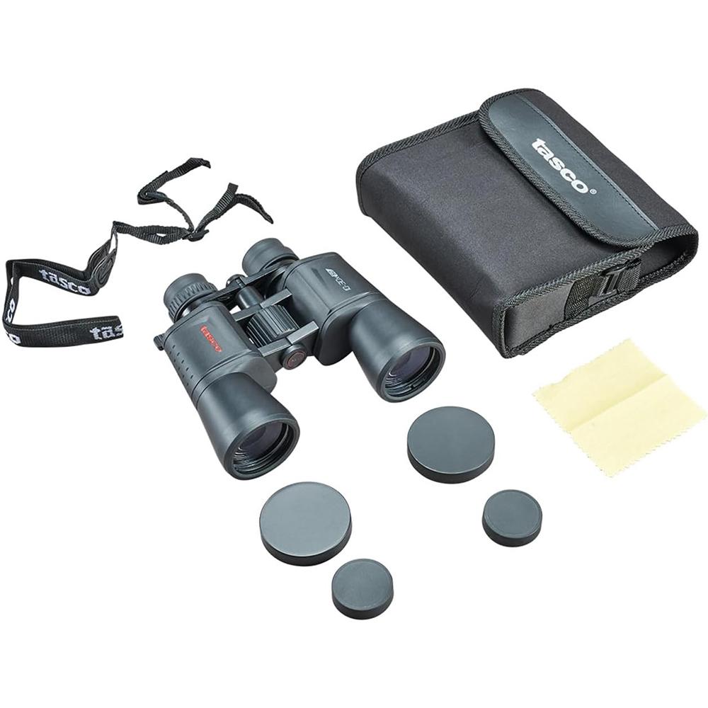 Chattanooga TASCO 10-30x50 black Porro MC zoom binoculars with a sturdy box, ideal for outdoor viewing and wildlife observation.