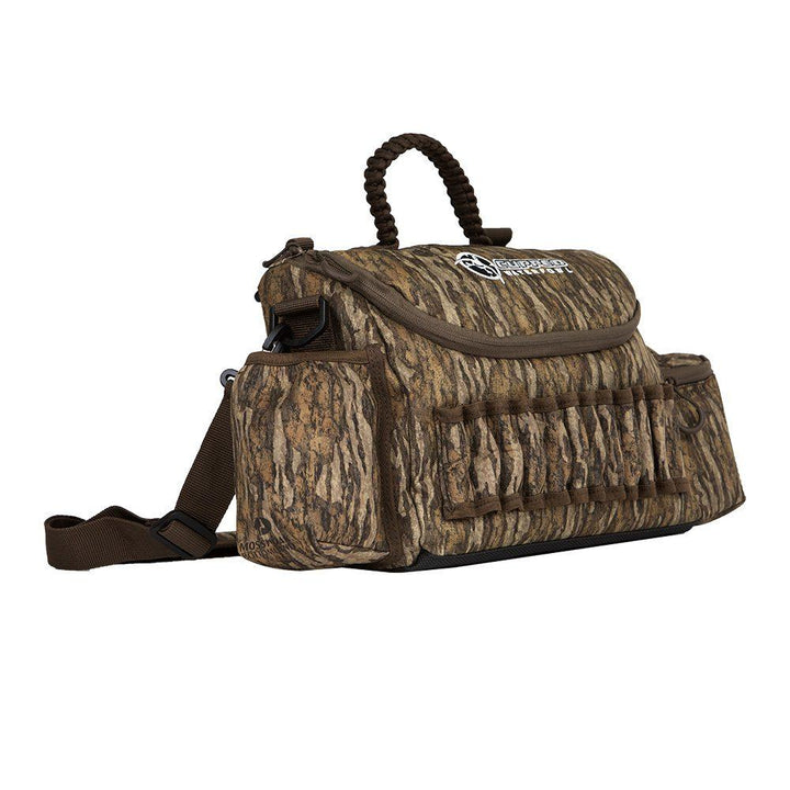 Chattanooga Cupped Guide Bag in Mossy Oak Bottomland camouflage for durable outdoor gear storage and carrying.