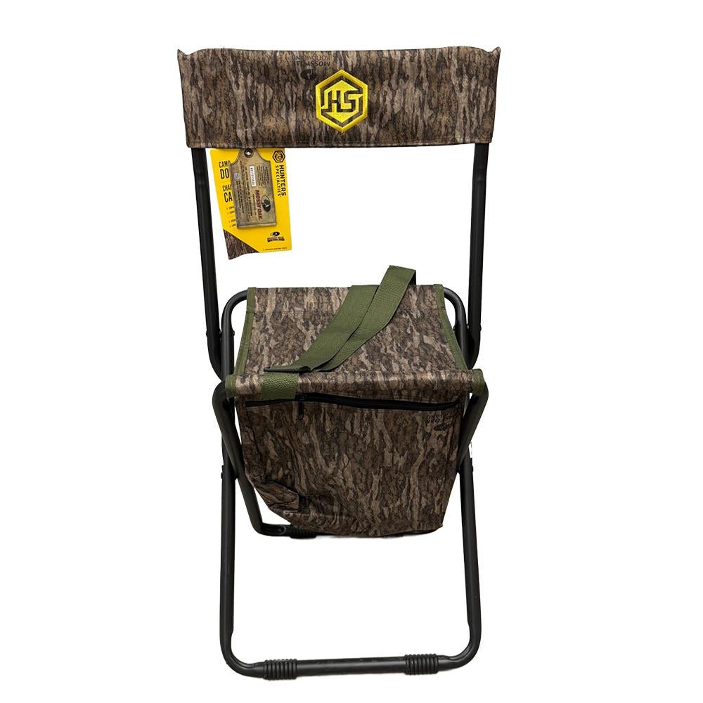Camo DoveChair blind chair by Chattanooga, Mossy Oak Bottomland camouflage, lightweight folding outdoor seat with back support.