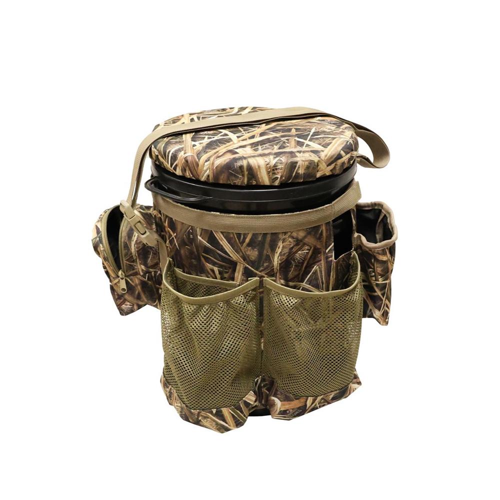 Chattanooga Mojo Dove Game Bucket swivel seat with decoy storage, carry strap, and mesh pockets for hunting blind chairs.