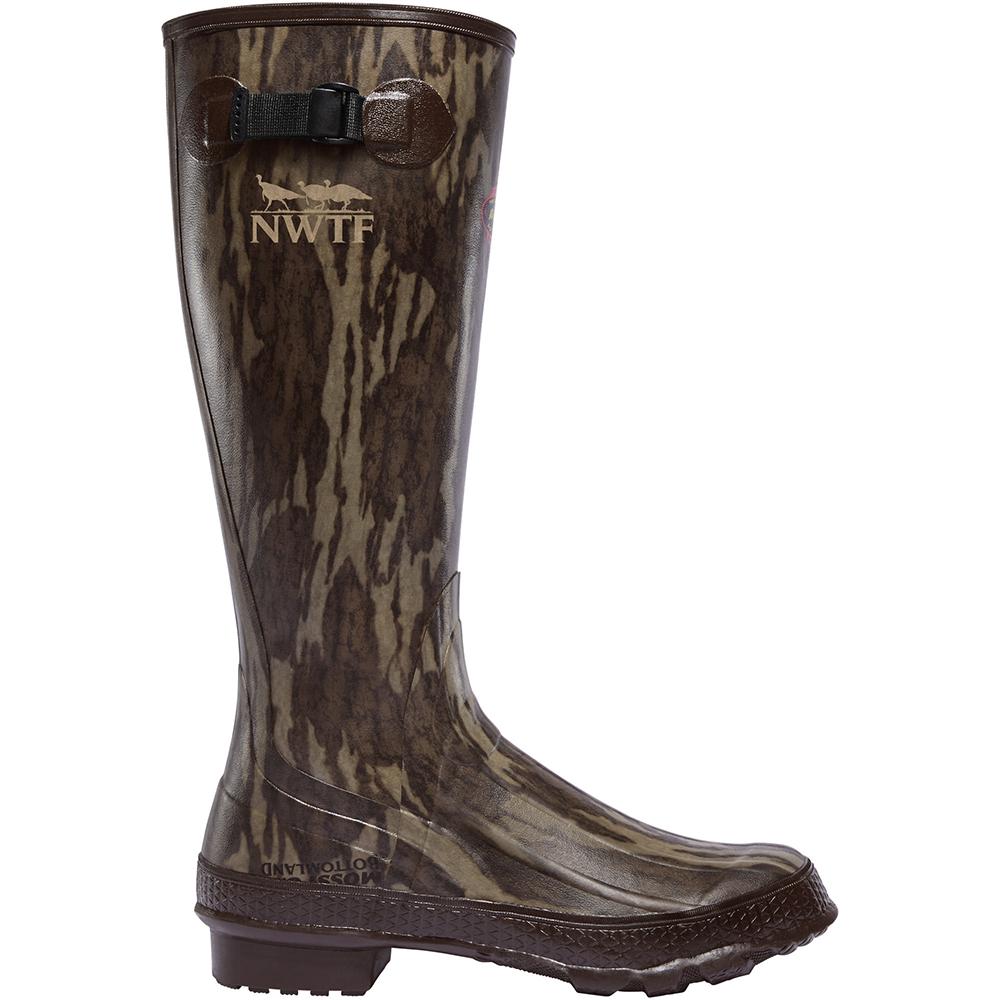 Chattanooga LaCrosse Grange 18 NWTF Mossy Oak Bottomland hunting boots, size 11, with camouflage pattern and rugged outsole.