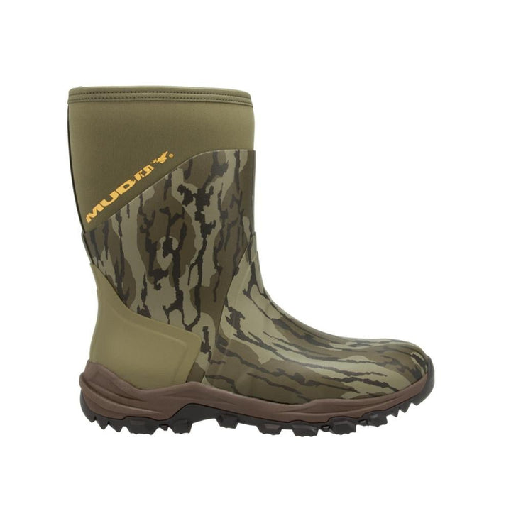 Chattanooga MUDDY DV8 13-inch non-insulated boots in Mossy Oak Bottomland, size 9D, rugged outdoor footwear with camouflage pattern.