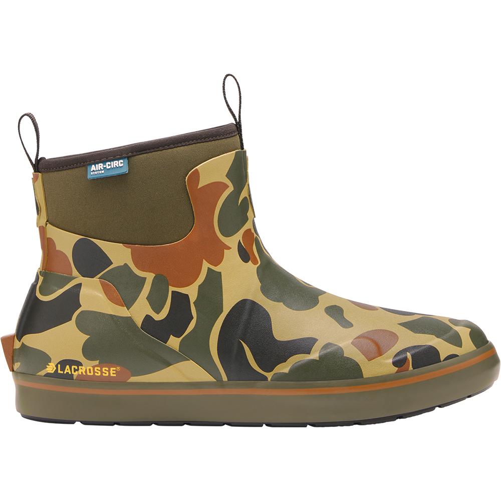 Chattanooga LaCrosse Alpha Deck 6-inch boots in hardwoods duck camo, men's size 14M, rugged outdoor footwear with durable construction.