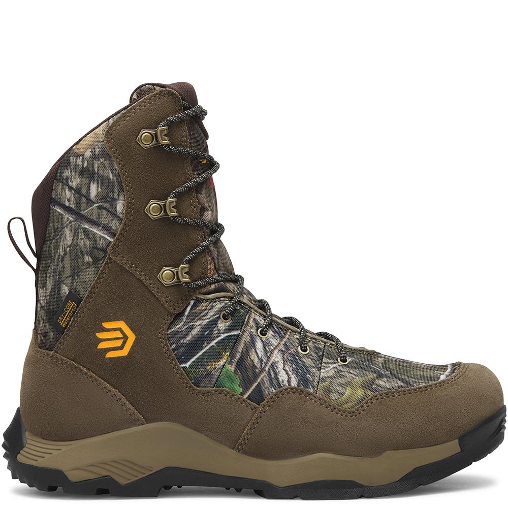 Chattanooga LaCrosse Ridgeback 8-inch Mossy Oak Country DNA hunting boots with 800G insulation in size 8, showing rugged design and Mossy Oak pattern.