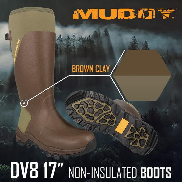 Chattanooga Muddy DV8 17-inch non-insulated clay-colored outdoor boots, size 10D, featuring rugged design and durable construction.