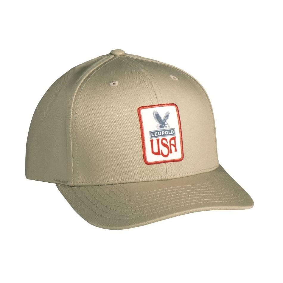 Chattanooga Leupold Eagle Badge Trucker Cap in khaki, adjustable outdoor lifestyle hat with front eagle badge and mesh back.