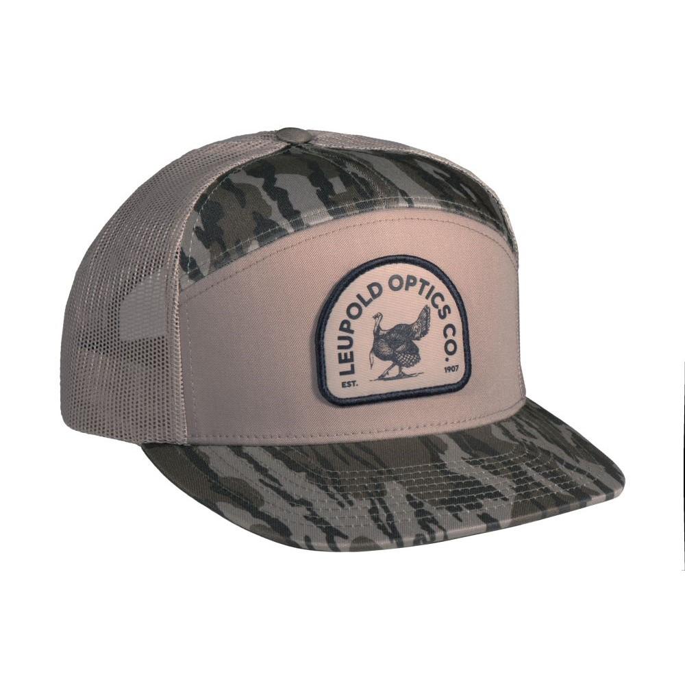 Leupold Turkey 7-panel trucker cap in khaki with Mossy Oak Bottomland camouflage, adjustable Chattanooga hat for hunting or outdoor wear.