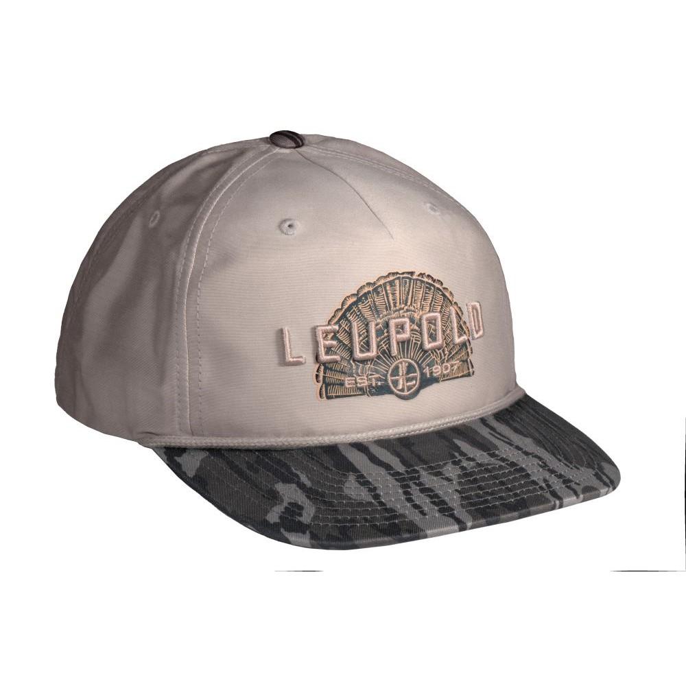 Chattanooga Leupold Turkey Fan Retro Roper Cap in Sand Dune Mossy Oak Bottomland camouflage, featuring adjustable strap and curved brim.