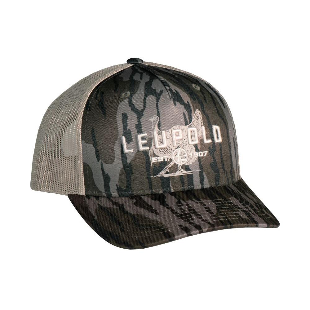 Leupold Turkey Trucker Hat in Mossy Oak Bottomland camouflage with khaki adjustable cap, Chattanooga brand, featuring mesh back and front logo.