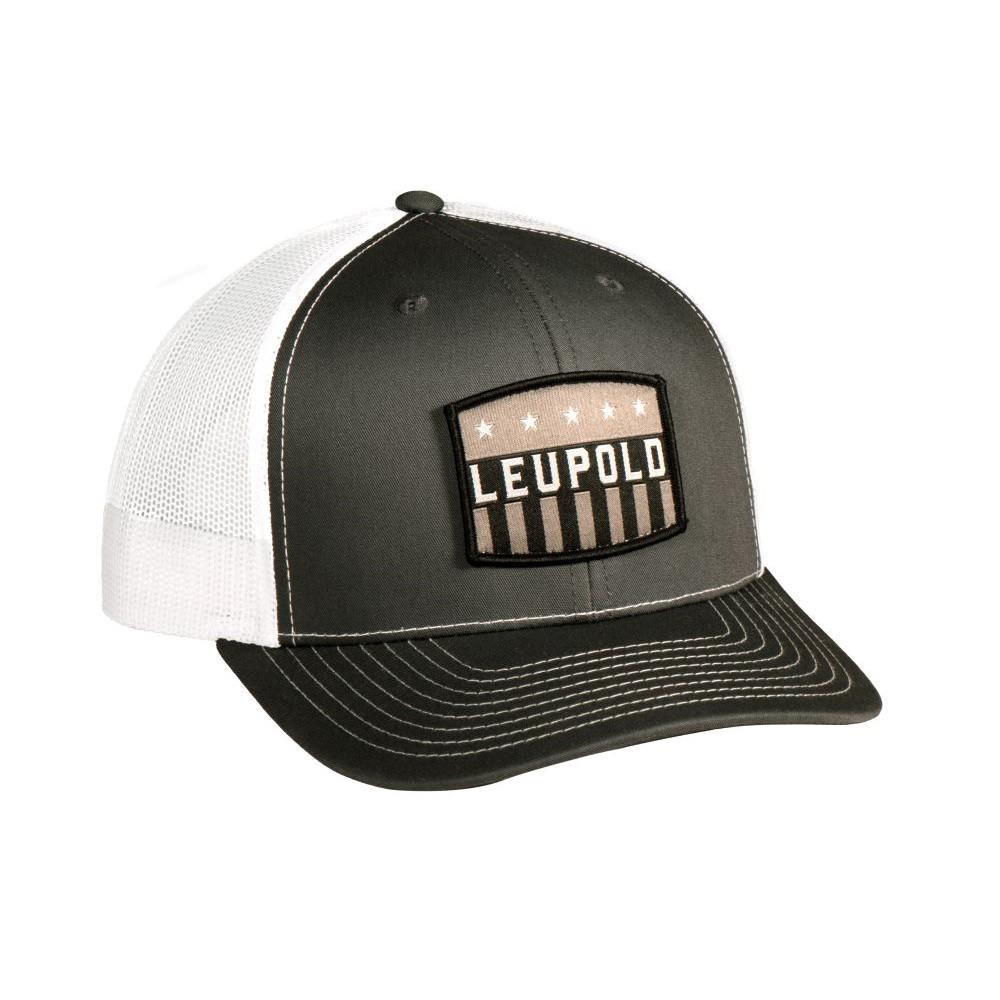 Leupold USA Trucker cap in charcoal and white with adjustable mesh back, featuring a comfortable fit and classic baseball hat style.