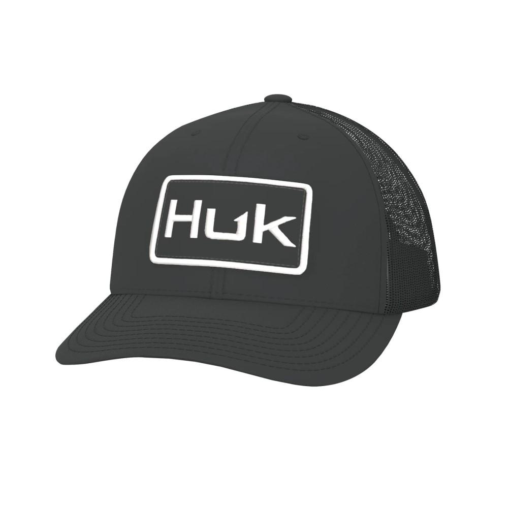 Black trucker cap by Chattanooga with the HUK HUK logo, featuring mesh back and adjustable strap for a casual, sporty look.