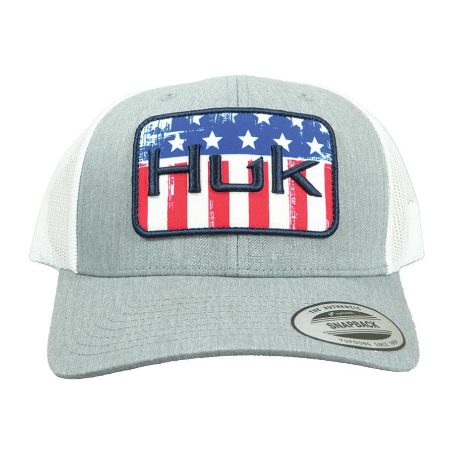 Chattanooga Huk Salute Trucker Hat in Heather Grey, stylish and comfortable cap with mesh back and adjustable fit.