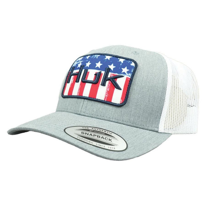 Chattanooga Huk Salute Trucker Hat in Heather Grey, stylish and comfortable headwear with a curved brim and adjustable strap.