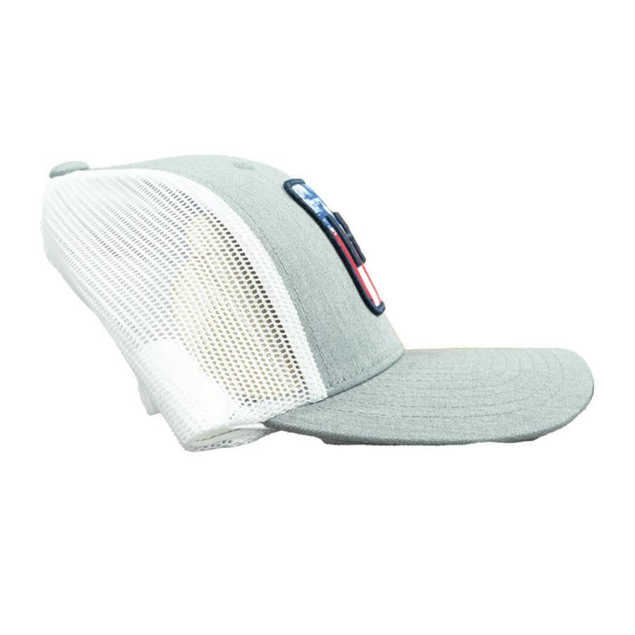 Chattanooga Huk Salute Trucker Hat in Heather Grey, stylish and comfortable one-size headwear with a classic design.