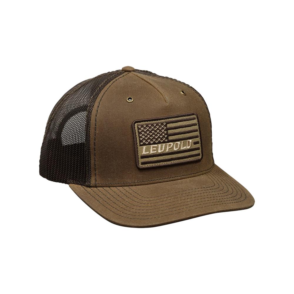 Chattanooga Leupold waxed canvas trucker hat in Buck Brown, durable outdoor cap with curved brim and adjustable strap.