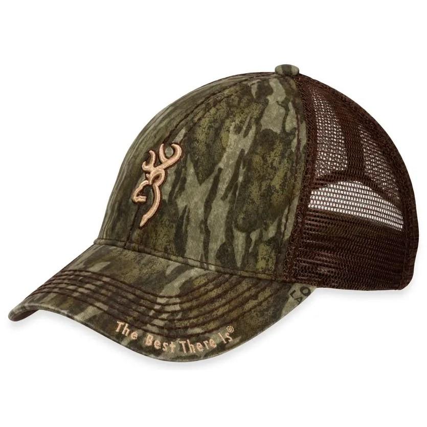 Chattanooga Browning Bozeman cap with Mossy Oak Bottomland camo, mesh back, adjustable outdoor hat for hunting and outdoor activities.