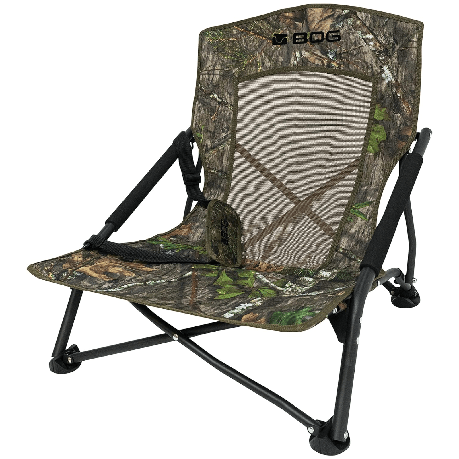 Chattanooga BOG Low Pro Camo Mossy Oak Obsession ground blind chair with aluminum frame and padded seat for hunting comfort