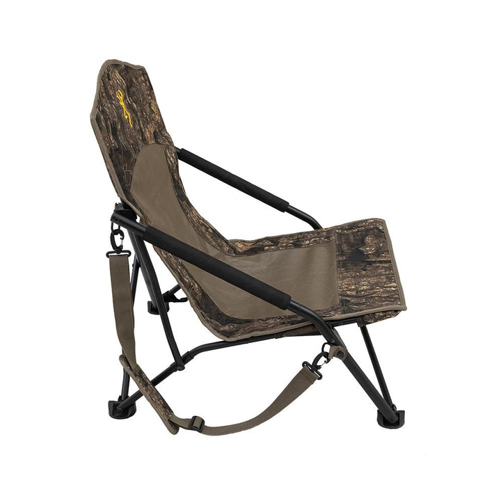 Chattanooga Alps Browning Strutter MC camp chair in Mossy Oak Country DNA with portable seat and sturdy frame for outdoor use.