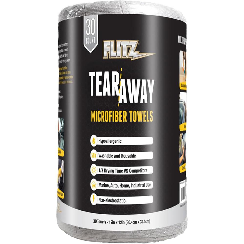 Chattanooga Flitz Tear Away Microfiber Cloth Rolls 12x12 inches, pack of 30 cleaning towels, soft and absorbent for multi-surface cleaning.